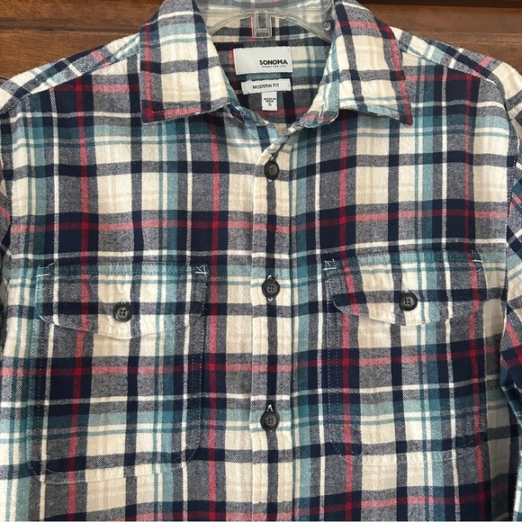Sonoma Casual Button Down Shirt Red White and Blue Flannel Plaid Men size Small - Picture 8 of 14